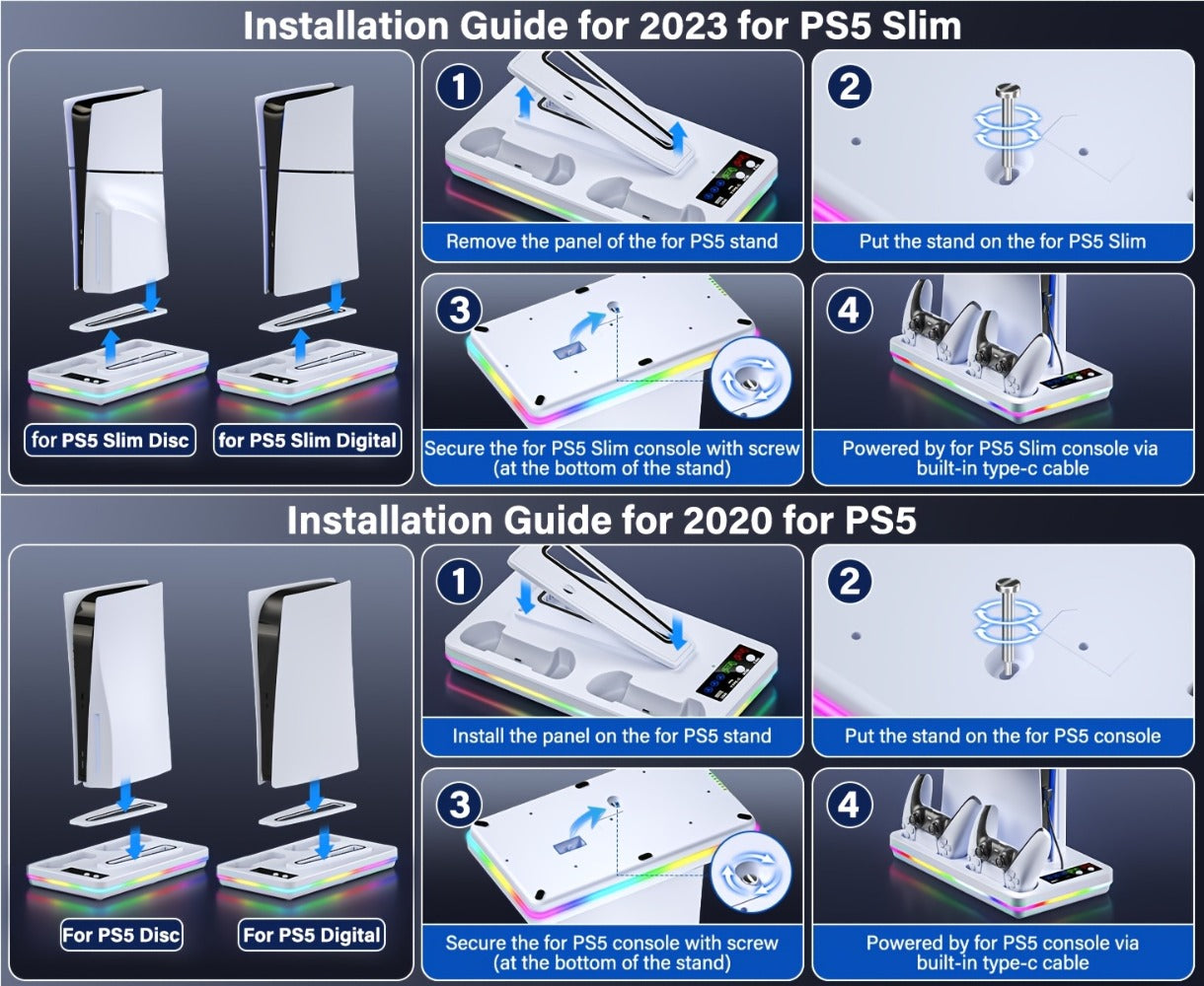 PS5 Cooling Stand with Dual Controller Charging Dock – Compatible with PS5/Slim/Pro Standard & Digital Edition, 3-Speed Fan, 10 RGB Lights & USB Hub, PlayStation 5 Gaming Accessories