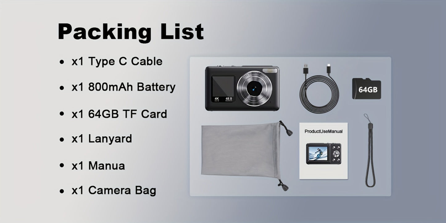 4K Dual Screen Digital Camera 18X Zoom Vlogging Camera with Anti-Shake 64GB Card & 2 Batteries – Selfie Point and Shoot Camera Gift for Friends Family