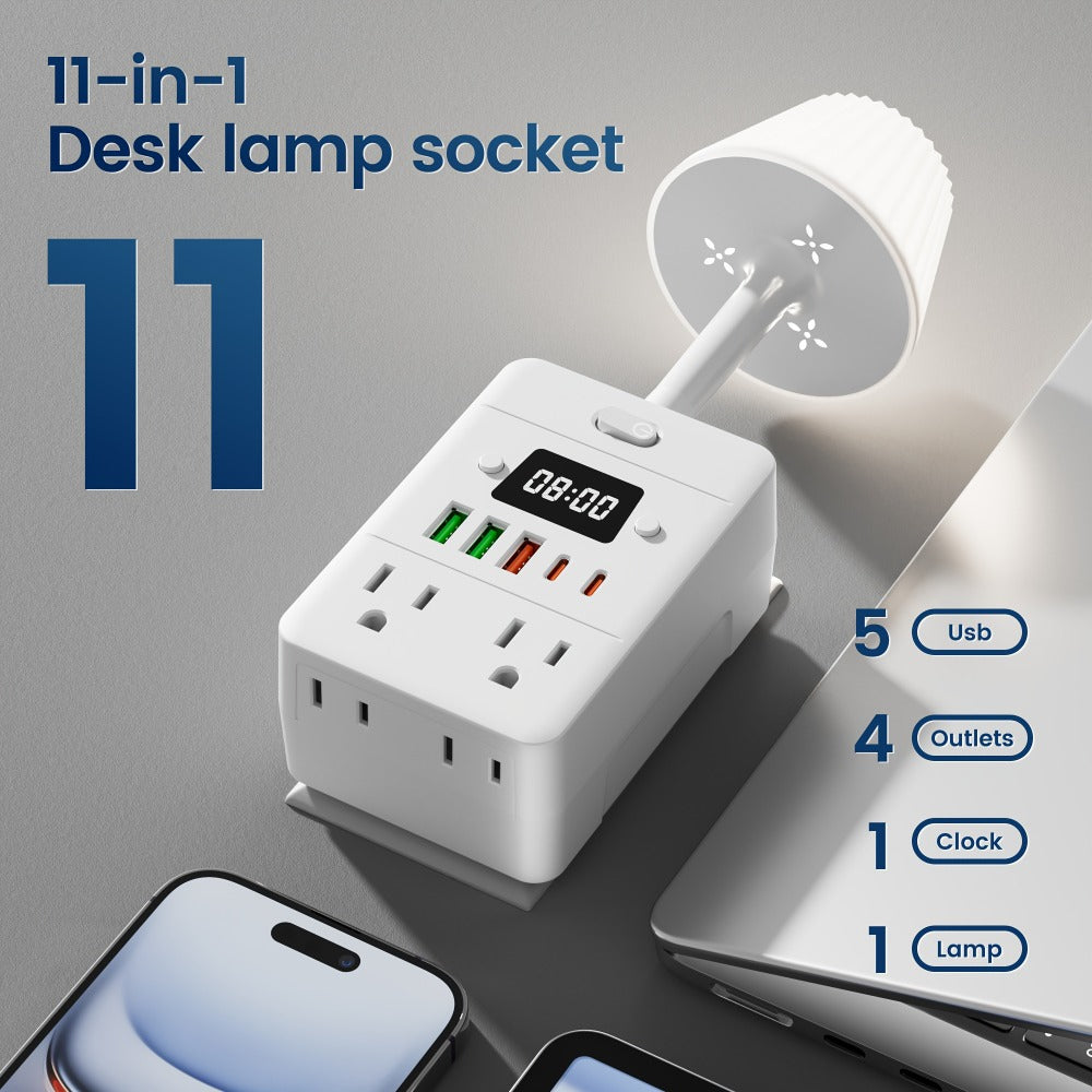 11-in-1 Multifunctional Power Strip with Desk Lamp & Digital Clock – 4 AC Outlets, 3 USB-A & 2 USB-C, Wall-Mountable Desktop Charging Station with Overload Protection for Home School Office