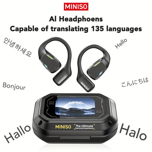 AI Translation Wireless Earbuds Real-Time 135 Languages Open-Ear Design Full-Color Touch Screen Gaming Headset Bluetooth for Travel Business Study iOS Android