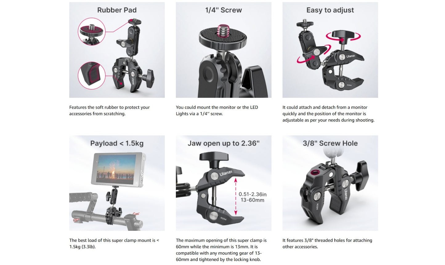 ULANZI Super Clamp 360° Ballhead Magic Arm Double Ball Head Camera Mount with 1/4"-20 & 3/8"-16 Thread for Canon Nikon DSLR, Action Camera, LED Lights, DJI Ronin & Freefly MOVI