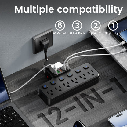 Night Light Wall Outlet Extender 11-in-1 with 6 AC Outlets & 5 USB Ports (3 USB-A & 2 USB-C), Surge Protector Adapter for Home, Travel & Office Use