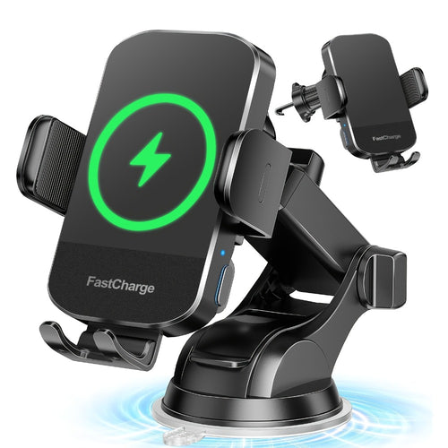 Wireless Car Charger Mount 15W Auto-Clamping – Fast Charge Phone Holder for iPhone 17 16 15 14 13 12 Pro Max, Samsung Galaxy S24 S23 S22 S21 S10 & All Qi Phones | USB-C Dashboard & Vent Mount
