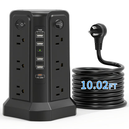 Power Strip Tower Angled Flat Plug 17-in-1 with 12 AC Outlets 4 USB-A 1 USB-C PD 18W 4 Independent Switches 1500J Surge Protector Desktop Extension Cord for Home Office Dorm Room – Black & White