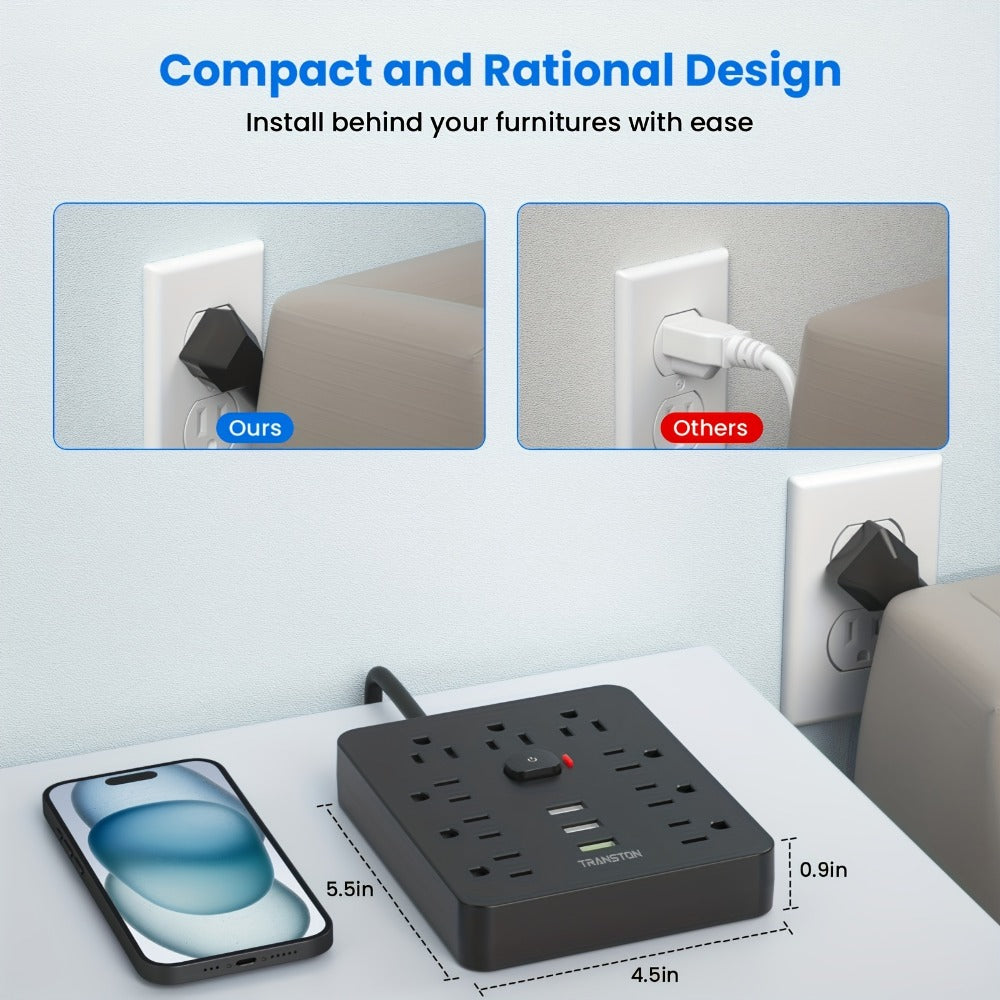 45° Tilt Plug Power Strip 12-in-1 Surge Protector with 9 AC Outlets & 3 USB Ports, 10ft Long Extension Cord, Advanced Overload Protection for Home, Office & High-Power Devices