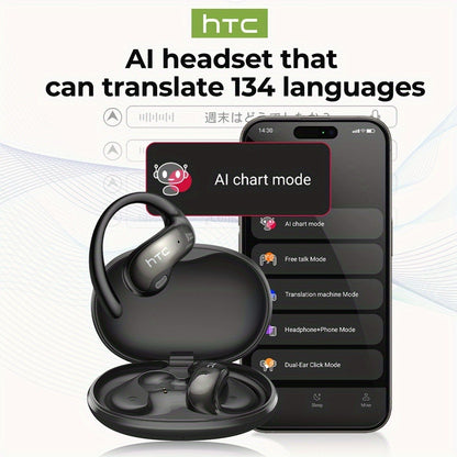 HTC NE19 AI Translation Earbuds TWS 134 Languages, Open-Ear Wireless Bluetooth 5.4 HiFi Audio, Long Battery Life Hands-Free Earphones for Travel Business Sports Casual Daily Use