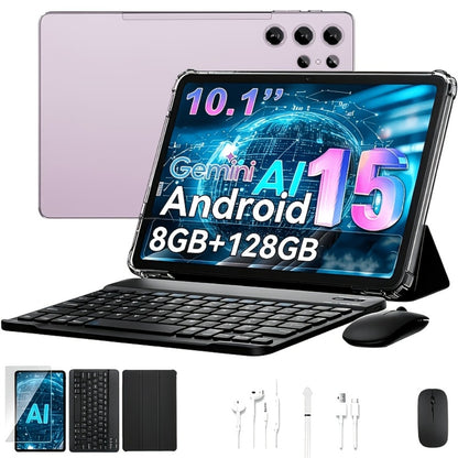 Android 15 Tablet 10.1 Inch 8GB RAM 128GB ROM – 8000mAh Battery, 1280x800 HD Display, 5MP+16MP Dual Camera, Stereo Speakers, WiFi, with Keyboard Case Mouse Stylus USB Cable