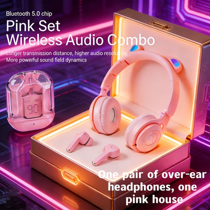 Cute Pink Cat Ear Headphones & Wireless Earbuds Gift Set Bundle LED Glowing Over-Ear Headset Combo for Girls Teens Women Birthday Holiday Back to School