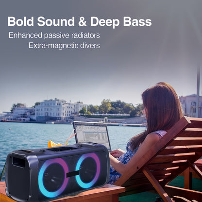 Large Outdoor Party Speaker with Dual 6.5" Subwoofer & LED Lights, Loud Portable Bluetooth Speaker with Shoulder Strap, Phone Tray, Mic Input, TWS Pairing, TF/USB/AUX, 5H Battery for Camping Beach Garage Parties