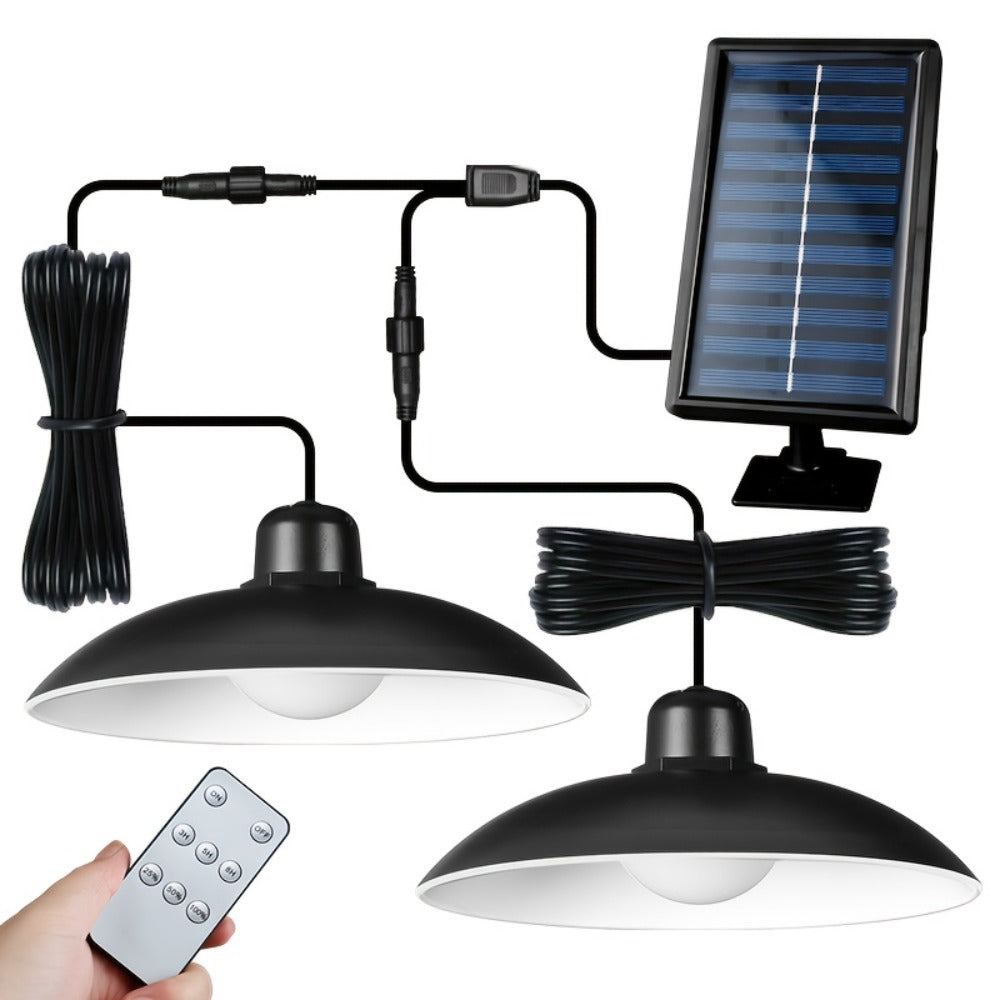 Solar Pendant Light Indoor Outdoor Hanging Light Fixture 3200mAh Rechargeable - 3 Brightness Modes Remote Control 2 LED Bulbs Warm & Cool White for Patio Gazebo Pergola Shed Garage Barn Off-Grid