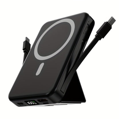 10000mAh Mini Power Bank with PD 22.5W Fast Charging, 15W Magnetic Wireless Charging, Built-in 2 Cables, Phone Stand & Digital Display – Slim Portable Charger for iPhone, Android, Travel, Airplane