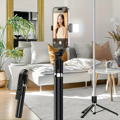 Floor Standing Phone Tripod 68 Inch with Built-In Selfie Stick Arm Anti-Shake Base 360° Rotation & Bluetooth Wireless Remote – Retractable Portable Stand for Travel Vlogging Live Streaming iPhone Android