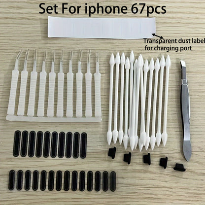 Phone Dust Plug Kit 67PCS – Type-C & Lightning Port Protectors, Speaker Dust Mesh Stickers, Cleaning Brush Set, Anti-Dust Caps for iPhone & Android Smartphones