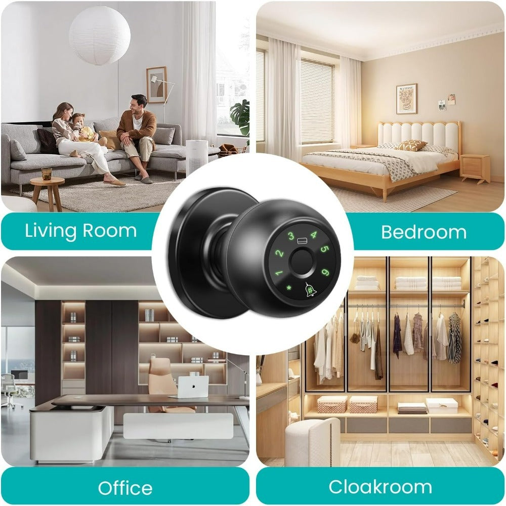 Biometric Handle Lock 5-in-1 Keyless Entry with Fingerprint, App, IC Card, Password & Backup Key – Silent Mode, Anti-Peep Keypad, Electronic Smart Door Handle for Bedroom Apartment Interior Door
