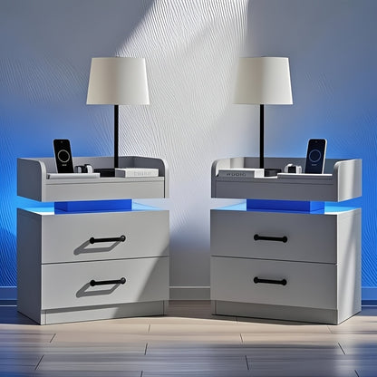 Wooden Nightstand with LED Ambient Light & Charging Station – Fabric Drawer, Blue Glow, Modern Bedside Table for Bedroom Living Room End Table, Black or White (Single or 2-Pack)