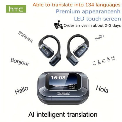 Open-Back Hi-Fi Gaming Earphones HTC NE25 AI Real-Time Translation 135 Languages LED Smart Screen Low Latency Long Battery Lightweight Wireless Headphones Black
