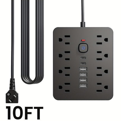 Flat Plug Wall Mount Power Strip 14-in-1 Surge Protector - 8 AC Outlets, 4 USB-A & 2 USB-C Ports, 5ft/10ft Extension Cord, Overload Protection, Desktop Charging for Home Office