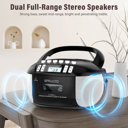 CD and Cassette Player Combo Boombox Portable AM FM Radio Tape Recording Stereo Sound AC DC Powered AUX Headphone Jack Sleep Timer for Home Seniors