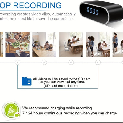 1080P WiFi Clock Camera Battery Powered, Hidden Nanny Cam with 64GB Memory Card Included, Night Vision, Motion Detection, Loop Recording, 2.4GHz Wireless, Remote Live View for Home Office Warehouse