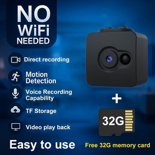 No WiFi Security Camera with SD Card Portable Rechargeable, Plug-and-Play Loop Recording, Hidden Spy Cam for Home Baby Monitor Nanny Pet Office Surveillance – Compact Offline Standalone Camera