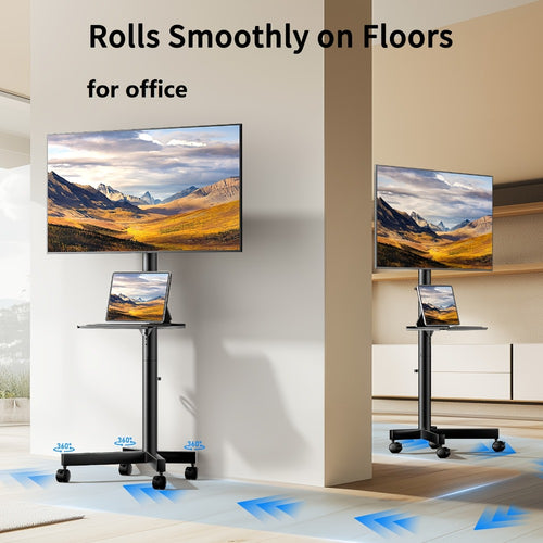 Rolling TV Cart Stand for 23-60 Inch TVs – Height Adjustable 12-24", Lockable Wheels, Media Shelf, Cable Management, 55 lbs Capacity, VESA 100-400mm, Home Office & Commercial Use, Black