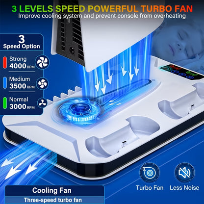 PS5 Pro Slim Cooling Station with Controller Charging Station for PS5/Slim/Pro Standard & Disc/Digital Console, Stand Cooler Accessories with Cooling Fan, 3 USB Hubs, Headset Holder & Screw Included