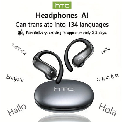 HTC NE19 AI Translation Earbuds TWS 134 Languages, Open-Ear Wireless Bluetooth 5.4 HiFi Audio, Long Battery Life Hands-Free Earphones for Travel Business Sports Casual Daily Use