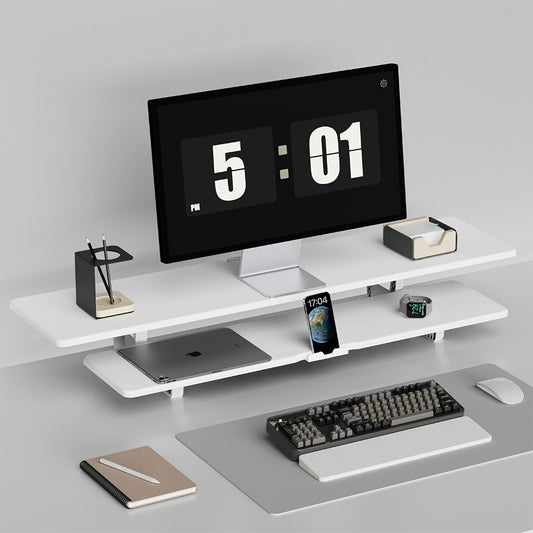 Dual Monitor Stand Riser with Storage E-Sports Style, Adjustable Height Ergonomic Desk Organizer with Cable Management, Modern Minimalist Desktop Stand for Home Office Gaming Setup, Black & White