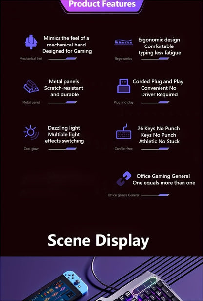 LED Backlit Wired Gaming Keyboard 104 Keys Full Size – Quiet Ergonomic Design, Adjustable Volume Knob, USB Powered, Compatible with Desktop and Laptop Computers, Office and Home Use