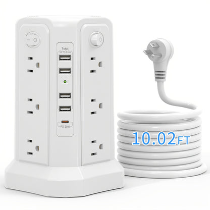 Power Strip Tower Angled Flat Plug 17-in-1 with 12 AC Outlets 4 USB-A 1 USB-C PD 18W 4 Independent Switches 1500J Surge Protector Desktop Extension Cord for Home Office Dorm Room – Black & White