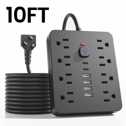 14-in-1 Wall-Mountable Power Strip with Surge Protector – 8 AC Outlets & 6 USB Ports (2 USB-C), Flat Plug Space-Saving Extension Cord, Overload Protection for Home School Office, 5ft or 10ft