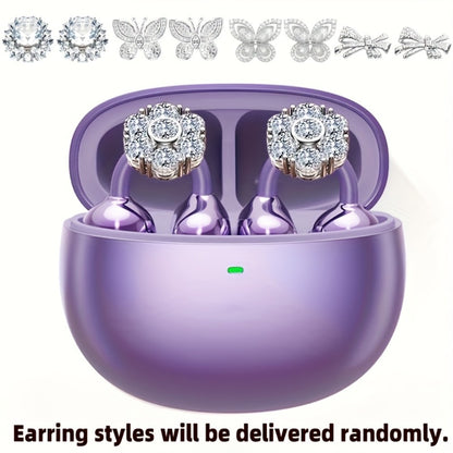 Clip On Wireless Earbuds Open Ear Bluetooth Headphones with Detachable Gemstone Earrings ANC Noise Reduction HD Stereo Hands-Free for Sports Exercise Work Study Outdoors