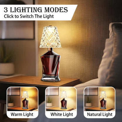 Rechargeable LED Bottle Table Lamp 2 Pack - Crystal Acrylic Wine Bottle Design, 2000mAh Cordless, 3 Color Modes, Ambient Night Light for Bedroom, Dining Table, Bar & Home Decor