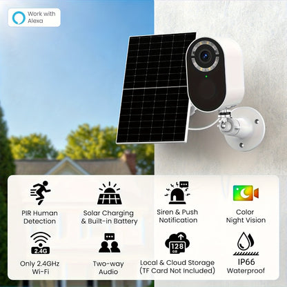2K Solar Security Camera Outdoor Waterproof with Human Figure Alarm, Color Night Vision, 2-Way Audio, Low-Power WiFi Monitoring – Indoor Outdoor Pet Baby Surveillance Camera, 2.4G Wi-Fi