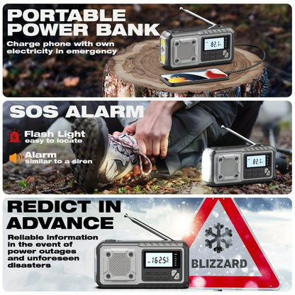 Hand Crank Emergency Weather Radio 5000mAh Solar Powered NOAA AM FM Portable Survival Radio with Flashlight SOS Alarm Reading Light Phone Charger Type-C for Hurricane Tornado Storm Preparedness Gift