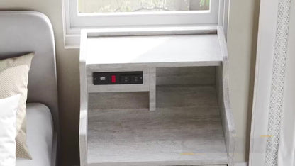 Nightstand with Power Outlets and USB Ports – 3-Drawer Hutch Charging Station | 2 Outlets 2 USB | Bedroom End Table Side Table | 14"D x 17.7"W x 26.8"H | Gray or White | Housewarming Gift