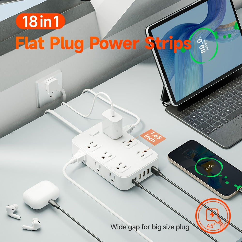 12-Outlet Surge Protector Power Strip with One-Touch Master Switch 18-in-1 with 12 Spacious AC Outlets 4 USB-A 2 USB-C Ports Safe Portable Charging Station for Home Dorm Office Travel – Black & White