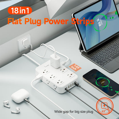 12-Outlet Surge Protector Power Strip with One-Touch Master Switch 18-in-1 with 12 Spacious AC Outlets 4 USB-A 2 USB-C Ports Safe Portable Charging Station for Home Dorm Office Travel – Black & White