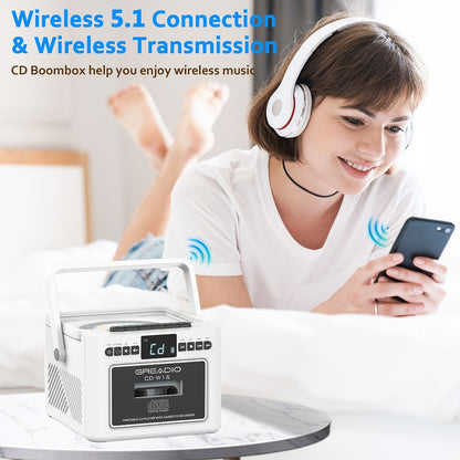 Boombox CD Cassette Player Rechargeable 5000mAh Battery 5W Dual Stereo Speakers FM Radio Tape Recording AUX SD USB 3.5mm Jack Portable Home Audio Player