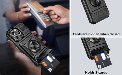 360° Metal Stand iPhone Case with Dual Card Slot Heavy Duty Shockproof Hard Shell Cover for iPhone 16 15 14 13 11 Pro Max Plus 8 7 Series – Rotating Kickstand Wallet Phone Case