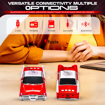 Retro Car Bluetooth Speaker with LED Headlights & Taillights, Fuzix WS-1965 Wireless Portable Stereo Speaker, AUX/USB/TF/FM Radio, Built-in Mic, Rechargeable Battery, Gift for Car Enthusiasts