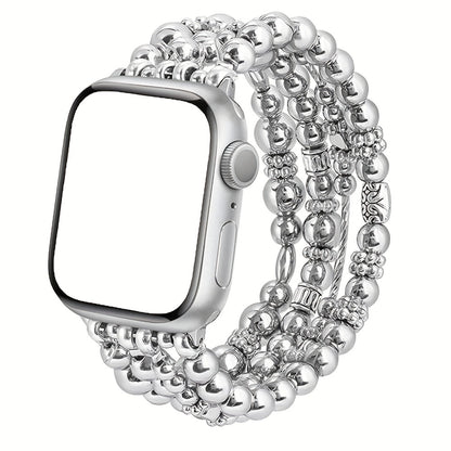 Elastic Beaded Watch Band for Apple Watch Series 1-11 SE Ultra 38mm 40mm 41mm 42mm 44mm 45mm 46mm 49mm Handcrafted No-Buckle Stretch Bracelet Replacement Strap Women Silver Rose Gold Golden