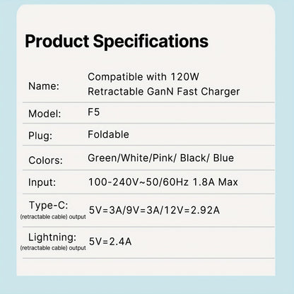 Dual Cable GaN Charger 120W with Built-In 47in Type-C & Lightning Retractable Cables, Foldable Plug – Tangle-Free Fast Charging USB-C Wall Adapter for iPhone 16 15 14 Pro Max, Samsung Galaxy S25 S24