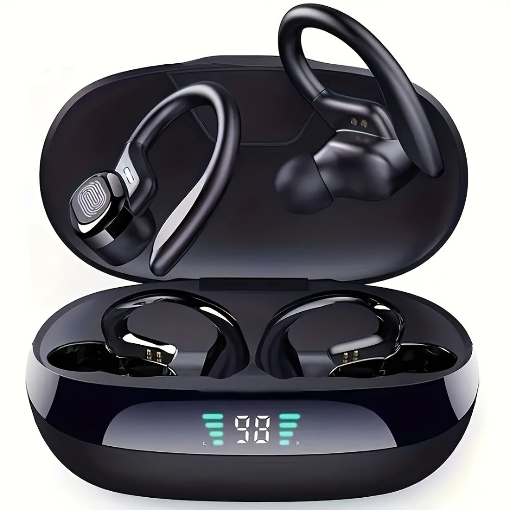 Sport Ear Hook Wireless Earbuds Bluetooth 5.4, Open-Ear Sports Earphones with Mic, 24H Playtime, LED Display Charging Case, Running Fitness Earbuds for Men Women, Black
