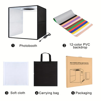 LED Photo Studio Light Box Folding Photography Shooting Tent with 12 Color Backdrops, Portable Product Photography Lightbox for Jewelry Cosmetics Figures, 16x16 & 12x12 Inch