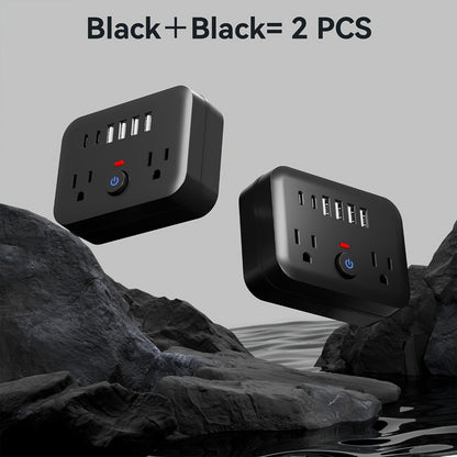 Compact Travel Surge Protector Power Strip 8-in-1 with 2 AC Outlets 4 USB-A Ports 2 USB-C Jacks Overload Protection Wall Mount Mini Portable Charging Station for Home Office Travel – Black or White