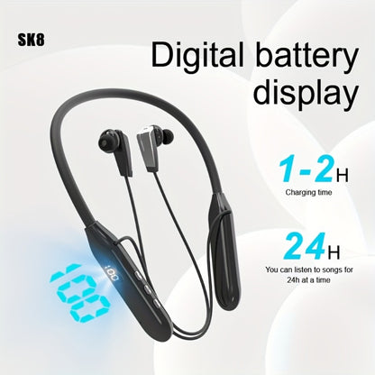 Neckband Sport Bluetooth Earphones Wireless In-Ear Flexible Neckband Extra Long Battery Life LED Display Running Gym Workout Calls Gaming Outdoor Activities Black