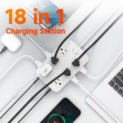 Wide Outlet Surge Protector Power Strip 18-in-1 with 12 Widely Spaced AC Outlets 4 USB-A 2 USB-C Ports Safe Portable Desktop Charging Station for Home Dorm Office Travel Essentials – Black & White