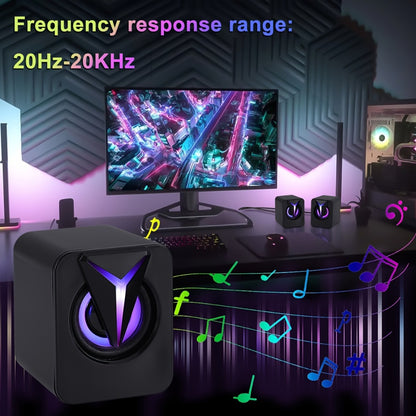 USB Powered Computer Speakers 2.0 Mini Stereo Desk Audio System with RGB Lights, Volume Control, 3.5mm AUX Input, HiFi Sound for PC, Laptop, Tablet & Phone — Plug and Play, No Driver Needed
