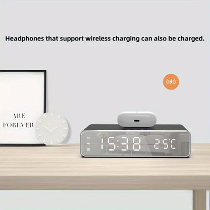 Alarm Clock Wireless Charger with Thermometer 3-in-1 LED Fast Charging Pad for iPhone & Android – 3 Alarms, 12/24H Display, Celsius/Fahrenheit, Power Saving Mode | Bedside Nightstand & Desk Gadget | Black & Silver